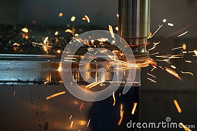 The CNC milling machine cutting the mold part . Stock Photo