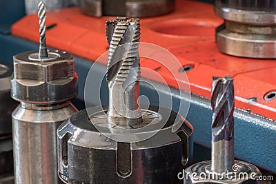 CNC milling machine with metallic end mill carbide, professional cutting tools Stock Photo