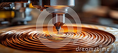 CNC Router Creating Concentric Circles on a Wood Surface Precision Machining and Carpentry Stock Photo