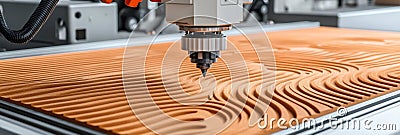CNC Router Creating Intricate Pattern on Wood Surface Modern Woodworking and Automation. Stock Photo