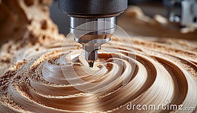 CNC Router Precision Intricate Spiral Pattern Carved into Wood, Shallow Depth of Field Stock Photo