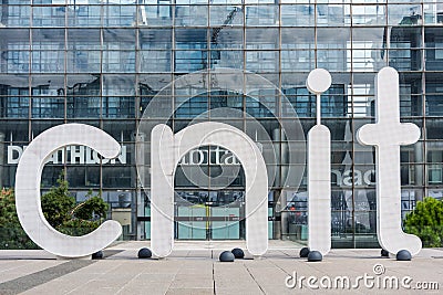 The CNIT Centre for New Industries and Technologies, an interesting concrete and glass construction with a very unusual shape Editorial Stock Photo