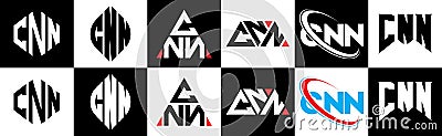 CNN letter logo design in six style. CNN polygon, circle, triangle, hexagon, flat and simple style with black and white color Vector Illustration