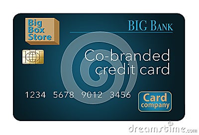 A Co-Branded credit card that is a mock card is shown here. A big box store, a bank and a credit card company teamed up to issue t Cartoon Illustration