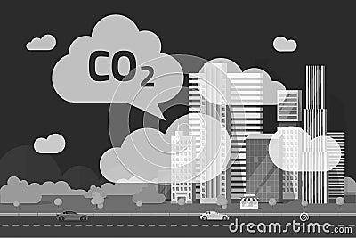 CO2 emissions by big city vector illustration, flat cartoon urban scene or carbon dioxide emission or pollution clouds Vector Illustration