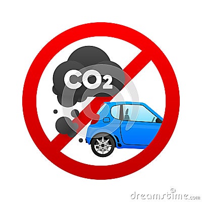 CO2 emissions. Sign of the ban on cars with bad ecology. Carbon dioxide emits, smog pollution, smoke pollutant. The car Vector Illustration