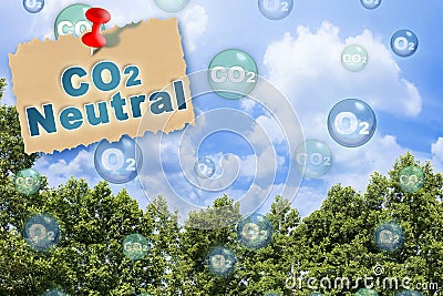 CO2 Net-Zero Emission - Carbon Neutrality concept against a forest background with oxygen O2 and carbon dioxide CO2 molecules Stock Photo
