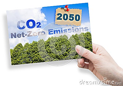 CO2 Net-Zero Emission concept against a forest - Carbon Neutrality concept - 2050 According to European law Stock Photo