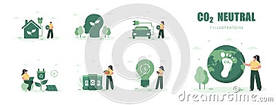CO2 Neutral. Energy efficiency in household and industry. Characters using alternative energy. Net zero. Set of Vector Vector Illustration