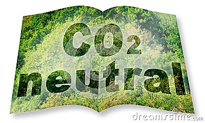 CO2 Neutral text - 3D rendering opened photobook concept against a forest backgound Stock Photo