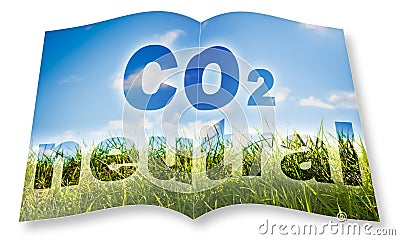 CO2 Neutral text - 3D rendering opened photobook concept against a rural scene Stock Photo