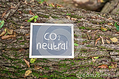 'CO2 neutral' written on a board on a tree trunk - carbon neutrality concept Stock Photo