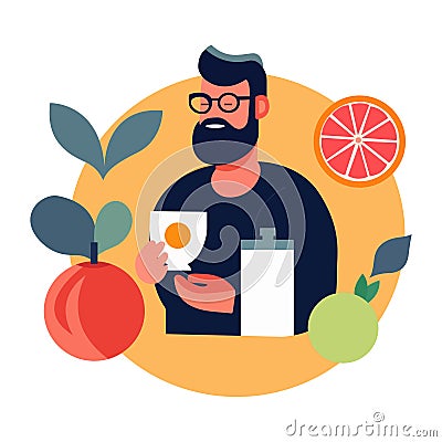 Vector Illustration Artwork A man with a beard is sipping juice. Stock Photo