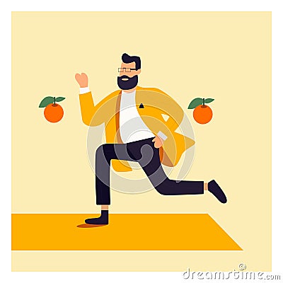 Vector Illustration Artwork A man with a beard speeds towards some fruit.. Stock Photo