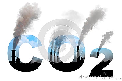 co2 text, large factory chimneys - pollution concept on white bg, isolated - industrial 3D rendering Cartoon Illustration