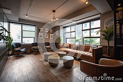 co-working space with casual seating and lounge area, perfect for brainstorming or team meetings Stock Photo