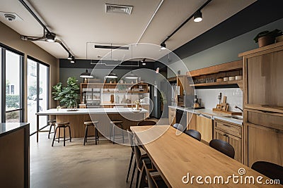 co-working space with communal kitchen, coffee bar, and breakfast nook Stock Photo