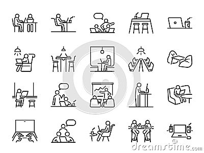 Co-working space line icon set. Included icons as coworkers, coworking, sharing office, business, company, work and more. Vector Illustration