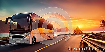 Coach bus traveling along a tranquil rural road, with a breathtaking sunset providing a captivating backdrop. Stock Photo