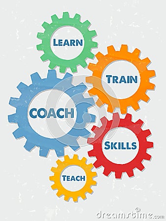 Coach, learn, train, skills, teach in grunge flat design gears Stock Photo