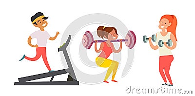 Coach and man. A woman in the gym doing exercises with a coach Vector Illustration