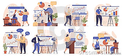 Coach speaking collection of scenes isolated. People learn at business training, career development, set in flat design. Vector Vector Illustration