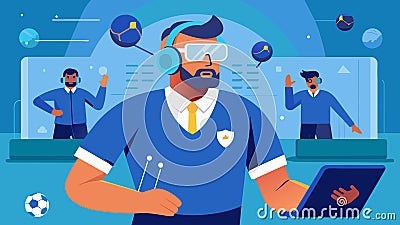 A coach uses VR to simulate game scenarios and test player reactions recording and analyzing their decisionmaking skills Vector Illustration
