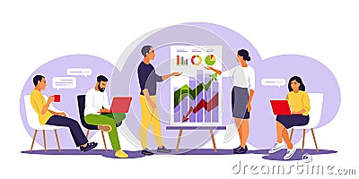 Coaches speaking before audience, presenting charts and reports. Training of employee. Team thinking and brainstorming. Vector Vector Illustration