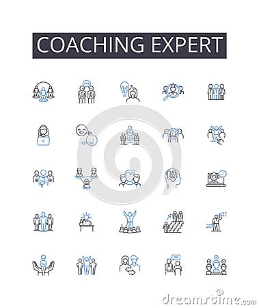 Coaching expert line icons collection. Strategic thinker, Leadership guru, Motivational speaker, Goal setter, Management Vector Illustration