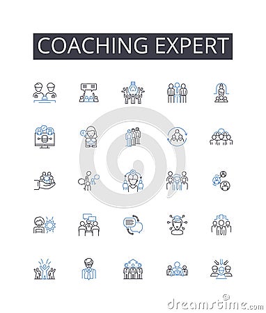 Coaching expert line icons collection. Strategic thinker, Leadership guru, Motivational speaker, Goal setter, Management Vector Illustration