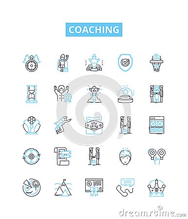 Coaching vector line icons set. Coaching, Tutoring, Training, Mentoring, Educating, Guiding, Instructing illustration Vector Illustration