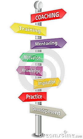 COACHING - word cloud - multi colored signpost Stock Photo