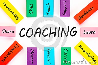 Coaching word with wooden block on white background. Training Planning Learning Coaching Business Guide Instructor Leader concept Stock Photo