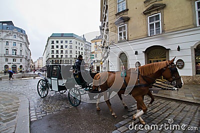 Coachman in ancient clothes drive a fiacre with two horses, running away from rain, traditional royal transport in Hofburg Editorial Stock Photo