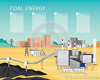 Coal energy with boiler and steam turbine generate the electric Vector Illustration