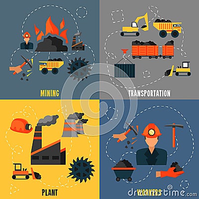 Coal industry flat set Vector Illustration