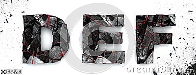 Coal letters D, E, F.on white background, 3d rendering, isolated. Ember alphabet isolated, path save, font. Stock Photo