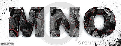 Coal letters M, N, O.on white background, 3d rendering, isolated. Ember alphabet isolated, path save, font. Stock Photo