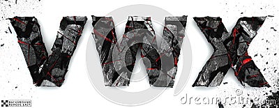 Coal letters V, W, X.on white background, 3d rendering, isolated. Ember alphabet isolated, path save, font. Stock Photo