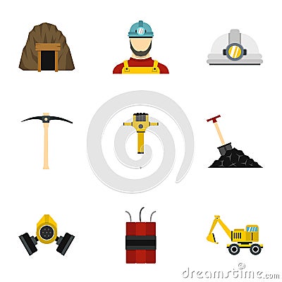 Coal mine icons set, flat style Vector Illustration