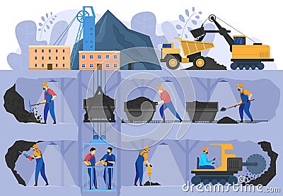 Coal mine industry, people working in underground caverns, vector illustration Vector Illustration