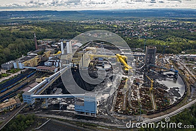Coal mine in Poland. Mine janina in Libiaz. Industrial abstract sendimentation tank of mine in Poland. Industrial lake Aerial Stock Photo