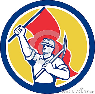 Coal Miner Hardhat Holding Axe and Flag Retro Vector Illustration