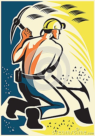 Coal Miner Mining Digging Pick Ax Retro Vector Illustration