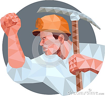 Coal Miner Pick Axe Pumping Fist Low Polygon Vector Illustration