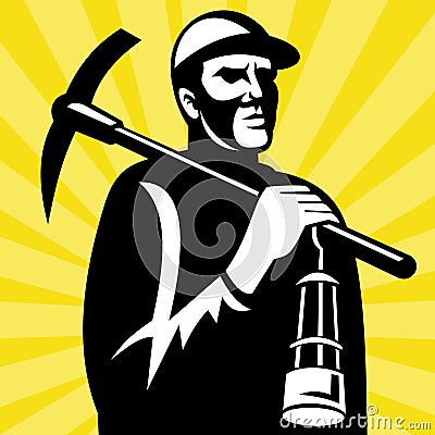 Coal miner with pickax lamp Stock Photo