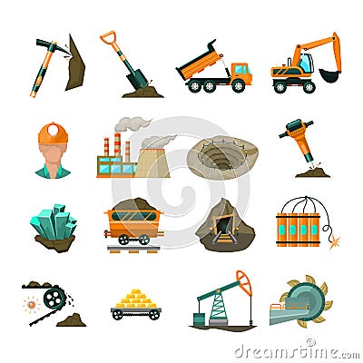 Coal mining equipment flat icons set Vector Illustration