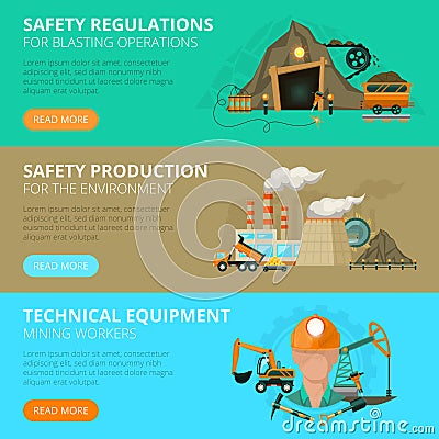 Coal mining 3 flat interactive banners Vector Illustration