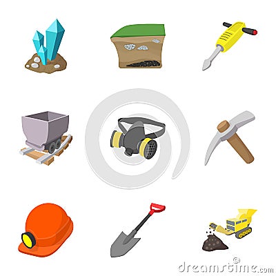 Coal mining icons set, cartoon style Vector Illustration