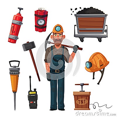 Coal mining. Miner character and tools. Cartoon vector illustration Vector Illustration